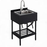 Garvee Utility Sink Stainless Steel - 25.6 × 20.7 × 39.5 inch 201 Matte Black Dual Faucet Anti-Clog Drain Double Shelf Freestanding Laundry Garage Outdoor