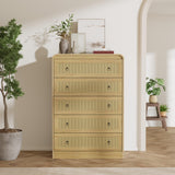 Garvee Modern 5 Drawer Dining Table Dresser – Natural Wood Chest with Rattan, Rounded Corners, Ample Storage, TV Stand – 5-Drawer Cabinet, Natural Wood with Rattan
