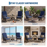 Garvee 3-Piece Outdoor Wicker Rocking Bistro Set - 2 Rattan Rocking Chairs with Thick Cushions & Tempered Glass Side Table, All-Weather Patio Conversation Set for Porch/Deck/Garden/Balcony/Poolside - Brown Gradient Rattan + Blue Soft Cushions - Brown&Blue