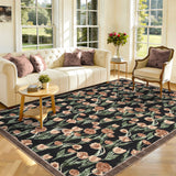 Garvee Vintage Tulip Floral Area Rug - Washable Soft Low-Pile Non-Slip Carpet - Modern Decorative Accent for Living Room, Bedroom, Dining Room - Black-Brown, 5x7ft (152x213cm), USA - Blue-Gray