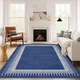 Garvee 8' × 10' Modern Line Border Area Rug, Machine Washable Non-Slip Low-Pile Soft Rug for Living Room, Bedroom & Dining Room, Blue