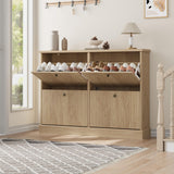 Garvee Fluted Wooden Shoe Cabinet – 4 Reverse Drawers, Adjustable Shelves, Hidden Storage Organizer for Entryway, Hallway or Living Room, Narrow Space-Saving Shoe Rack, Classic Natural Wood Color - Natural Oak