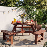 Garvee 6-Person Round Wooden Picnic Table Set with 3 Built-In Benches, Circular Outdoor Patio & Garden Dining Table, Umbrella Hole, for Backyard & Camping - Color: Charcoal Brown - Natural Wood Color