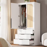 Garvee White Wooden Wardrobe Closet – Modern Freestanding Armoire with 2 Rattan Doors, 3 Drawers, Hanging Rod – Large Capacity Bedroom Clothes Organizer – Home Storage Cabinet – White AB Box - Black Ab Box