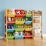 Garvee Solid Wood Kids Toy Storage Organizer Cabinet – 12 Bins & 3 Open Shelves – 42" Wide Bookshelf Rack for Playroom, Bedroom, Nursery – Colorful Design (Red, Yellow, Blue, Green)