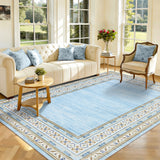 Garvee Light Blue Washable Bordered Area Rug 8' × 10', Non Slip Low Pile Non Shedding Stain Resistant Rug, Modern Distressed Geometric Rug for Living Room Bedroom Dining Room