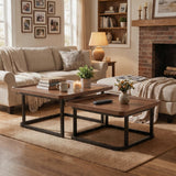 Garvee Square Nesting Coffee Table Set of 2, Wooden Side Tables with Raised Edge & Metal Legs, Space-Saving End Table for Living Room, Bedroom, Walnut