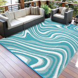 Garvee 8x10 Outdoor Rug Waterproof Camping Rugs for Outside Your RV, Plastic Straw Rug with Rubber Particles Backing, Reversible UV Resistant Abstract Mats for Picnic Backyard Deck, Light Blue - Black/Gray/White