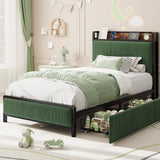 Garvee Metal Platform Bed Frame with 2 Storage Drawers & Charging Station, Upholstered Headboard, No Box Spring Needed - Twin XL - Black Tube/Dark Green