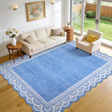 Garvee Scalloped Lace 5x7 Area Rug with Non-Slip Backing, Machine Washable, Soft Faux Wool, Durable Low Pile, Elegant Blue for Living Room & Bedroom