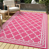 Garvee 10' × 14' Reversible Moroccan Outdoor Patio Rug, Waterproof UV-Resistant Plastic Straw Mat for RV, Camping, Deck & Balcony, Rose Red/White