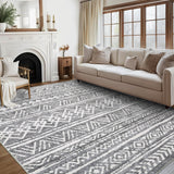 Garvee Washable Modern Boho Striped/Geometric Area Rug - Soft Low-Pile Faux Wool, Non-Shedding, Collapsible, Non-Slip Backing - For Living Room/Bedroom - Grey, 5x7 ft (152x213 cm), USA - Modern Geometric|Grey