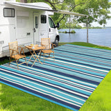 Garvee 10' × 14' Reversible Multicolor Stripe Outdoor Rug, Waterproof Plastic Straw Patio Mat for RV, Camping, Deck and Balcony, Blue/White Multicolor