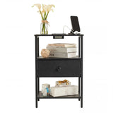 Garvee Bedside Table with Charging Station – 3-Tier Open Storage, Fabric Drawer, Sturdy Metal Frame, Slim Bedside Table for Bedroom & Living Room – Minimalist Design, Compact Size, Black US Standard