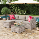 Garvee 5-Piece Outdoor Patio Sofa Set – Gradient Gray PE Rattan, Light Gray Washable Cushions, Red Accent Pillows, Tempered Glass Table & Ottoman, L-Shaped Conversation Furniture for Garden, Deck, Backyard – Gray Gradient Rattan + Light Gray Cushion + Red - Brown Four-Line Rattan + Navy Blue Cushion + Red Pillow