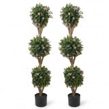Garvee 4 ft Artificial Triple Ball Boxwood Topiary Tree with Pot & Blossoms