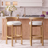 Garvee Curved-Back Counter Height Bar Stools Set of 2 - Boucle Upholstered Padded Seat, Solid Wood Legs, Built-In Footrest - Kitchen Island/Home Bar Chairs - Light Beige style Lamb Fleece + Natural Wood, 2-Pack