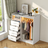 Garvee Modern 4-Drawer Wardrobe Closet Organizer with Hanging Rack, LED Lights, Charging Station, Open Shelves – Heavy Duty, Odor-Free Engineered Wood, Easy Assembly – Bedroom & Living Room Storage – Fine White Natural Fiber - Natural Wood Color