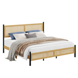 Garvee Boho Rattan Platform Bed Frame with Hand-Woven Wicker Headboard, Wood Slat Support, Underbed Storage, No Box Spring Needed, Quiet & Easy Assembly - Natural Wood, King - Oak