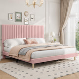 Garvee King Bed Frame with Adjustable Headboard, Velvet Upholstered Platform King Size Bed Frame, Vertical Channel Tufted, Strong Wooden Slats, No Box Spring Needed, Easy Assembly, Pink