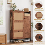 Garvee Narrow Rattan Shoe Cabinet with 3 Turnover Drawers - 4-Tier Adjustable Side Shelves - Modern Entryway & Closet Organizer - Upgraded Pomegranate Color Cabinet Body - P White Wood Grain Cabinet Body Upgraded Version