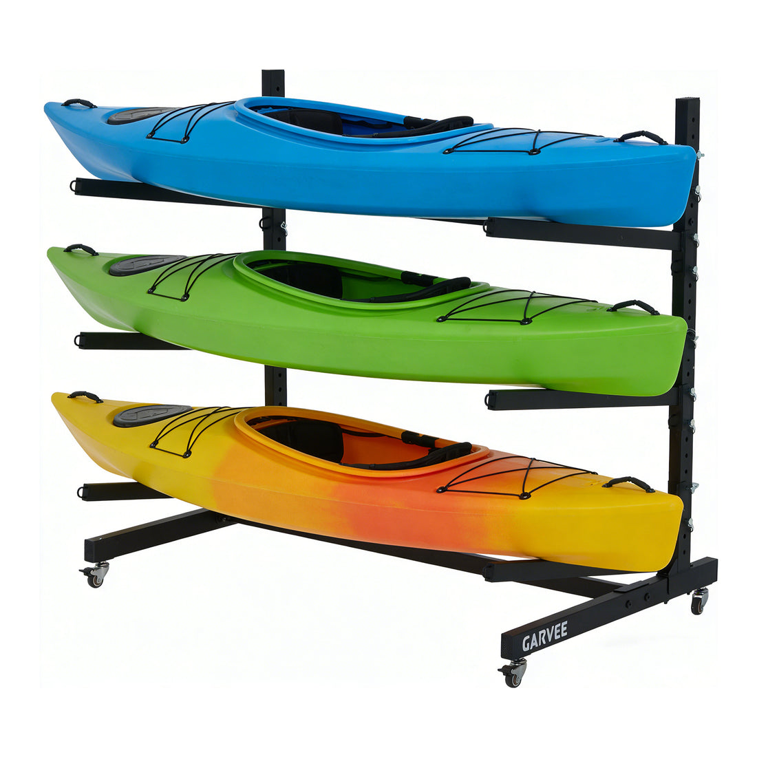 3-tier kayak storage rack holding three kayaks on white background