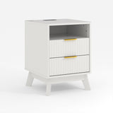 Garvee 18" Modern Fluted Nightstand with Charging Station, Curved Profile Side Table with 2 Drawers, Multi-Functional End Table for Bedroom & Living Room,White