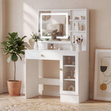 Garvee Vanity Desk with Mirror and Lights, 3 Color LED Makeup Vanity Desk with 1 Clear Cabinet, 4 Open Shelf and 1 Drawer, Built-in 2 AC, 1 USB, Type-c Outlet, Sturdy MDF Dressing Table for Bedroom, White - White