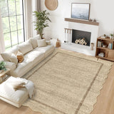 Garvee 6' × 9' Scalloped Bordered Area Rug, Machine Washable Non-Slip Low-Pile Soft Rug for Living Room, Bedroom & Dining Room, Jute