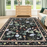Garvee 9x12 Washable Floral Area Rug, Non-Slip Low Pile Rug, Stain Resistance Carpet for Living Room, Bedroom, Dining Room, Black