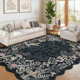 Garvee 10' × 13' Scalloped Mushroom Area Rug, Black, Washable Soft Low-Pile with Non-Slip Backing for Living Room, Bedroom & Dining Room