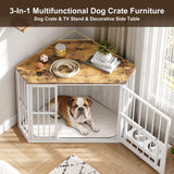 Garvee Space-Saving Corner Dog Crate Furniture for Small Dogs – Wooden Indoor Kennel End Table with 360° Rotating Door & Stainless Steel Feeding Bowls – Decorative Dog Cage – Classic + Washed White + White Iron Frame - Washed White