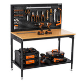 Garvee 48x24 Heavy-Duty Workbench with Pegboard Back - Steel Work Table for Garage Workshop - Adjustable Height - Shelf & Power Strip - Color: Black