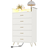 Garvee 5 Drawer Dresser with LED Lights & Charging Station – Tall White Wooden Chest, Modern App-Controlled RGB Lighting, Bedroom Storage Cabinet, Narrow Bedside Table, Color: White