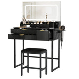 Garvee Modern Fluted Vanity Desk Set with Large LED Mirror, 3-Color Touch Lighting, Power Outlet, Glass Top, 3 Drawers, Storage Shelves & Stool – Bedroom Makeup Table – Black Board & Black Iron Frame