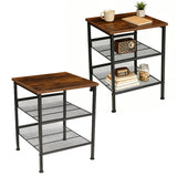 Garvee Industrial 3-Tier End Tables Set of 2 – Sturdy Metal Frame, Mesh Shelves, Space-Saving Square Design – Ideal for Living Room or Bedroom – Vintage Rustic Side Tables – Vintage Brown