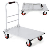 Garvee Heavy-Duty Flatbed Platform Truck Cart - 2000 lb Capacity, 36 x 24 in Steel Deck, Collapsible Handle, 6 in Swivel Polyurethane Casters w/ Brakes - Shop/Warehouse - Silver + Orange Wheels