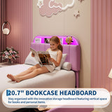 Garvee Velvet Upholstered Platform Bed Frame with Storage Drawers & Bookcase Headboard – LED Lights, Noise-Free, Easy Assembly, No Box Spring Required – Kids Bedroom Furniture, Twin Size, Purple - Purple