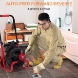 Garvee 100FT 3/8" Electric Drain Cleaning Machine with Auto Feed - 370W Portable Sewer Snake Auger - 6/8 Cutters, Gloves, Air-Activated Foot Switch - For 2"-4" Pipes - Professional Plumbing Tool - Red - Red + A Pair Of Blue Gloves