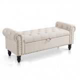 Garvee 51" Bedroom Storage Bench for End of Bed, Upholstered Ottoman Bench with Button Tufted Design and Rolled Arms, Anti Cotton and Linen Entryway Bench with Safety Hinge for Living Room, Closet, Beige