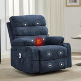 Garvee Massage Rocker Recliner with Heating, 360° Swivel Glider Recliner Chairs for Adults, Linen Nursery Chair with Side Pocket, Two Cup Holders, Blue