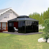 Garvee 12x16 ft Hardtop Aluminum Gazebo Sunroom – Double Ventilated Metal Roof – Floor-to-Ceiling Tinted Acrylic Sliding Doors – Enclosed Outdoor Solarium for Backyard, Deck, Hot Tub, or Garden – Color: Black + Gray Acrylic Board