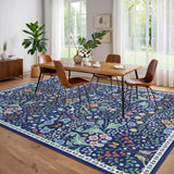 Garvee 9' × 12' Botanical Area Rug, Soft Washable Low-Pile Polyester Carpet for Living Room, Bedroom and Dining Room, Blue