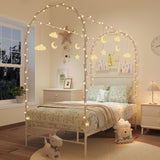 Garvee Elegant Metal Canopy Twin Bed Frame for Kids - Upholstered Headboard - Decorative Arch Top - Sturdy Steel Slats - Underbed Storage - Noise-Free - No Box Spring Needed - White