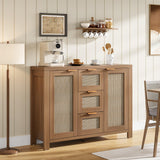 Garvee Rattan Buffet Sideboard Cabinet, Coffee Bar Cabinet with 3 Drawers, Boho Kitchen Accent Storage Cabinet for Dining Room, Living Room, Entryway, Light / Dark Oak