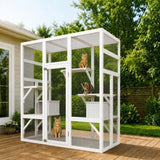 Garvee Walk-In Outdoor Catio Cat Enclosure, Fir Wood Cat House with Galvanized Carbon Steel Mesh and UV-Resistant Polycarbonate Roof, 5 Platforms and 2 Resting Boxes, Lockable Full-Height Door, 62.6"X32.3"X70.1", White - White