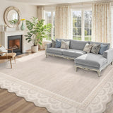 Garvee 10' x 13' Beige Washable Area Rug with Scalloped Lace Border, Soft Low-Pile Non-Slip Rug for Living Room, Bedroom & Dining Room