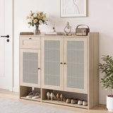 Garvee Wooden Shoe Storage Cabinet with Rattan Doors & Drawer, Narrow Freestanding Entryway Shoe Organizer with Adjustable Shelves for Hallway/Living Room - Light Wood - Light Wood
