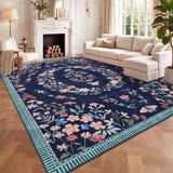 Garvee 9' × 12' Corner Floral Area Rug, Soft Washable Low-Pile Polyester Carpet for Living Room, Bedroom and Dining Room, Dark Blue
