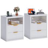 Garvee Modern Fluted Nightstands Set of 2 with Charging Station – 2 Drawers & Open Storage – Metal Handles – Rounded Safe Corners – Bedside Tables for Bedroom – White, Two in a Box